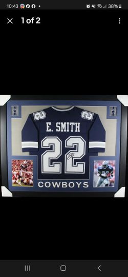Emmitt Smith Autographed Dark Blue Jersey In A Frame, JSA Certified 
