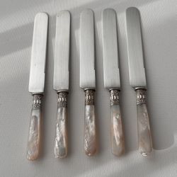 1857’s Antique Victorian Silverware, Sterling Silver Knife Set with Pearl Handles - Set Of 5