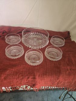 Vintage Clear Glass Starburst Serving Bowl & 5 Individual Bowls Set
