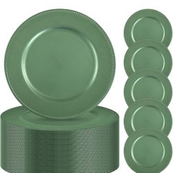 24 Green Charger Plates Bulk,13 inch Round Beaded Plate Chargers for Dinner Plates