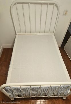 Full Size White Metal Bed Frame and Mattress and Toppers