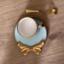 Elegant Gold and sky Blue Teacup Set Bow-knot Design