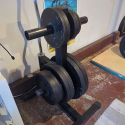Olympic Barbell Cast Iron Plates Set And Curl Bar