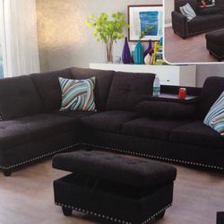 Black Linen Sectional Couch With Drop Down Table 