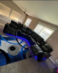 BRAND NEW BLACK LEATHER POWER RECLINING SECTIONAL LED LIGHTS SPEAKERS SAME DAY DELIVERY 