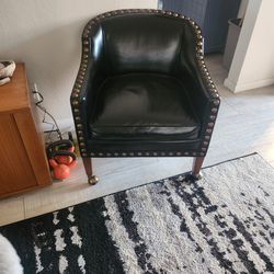 Vintage Black Leather Side Chair On Wheels. 