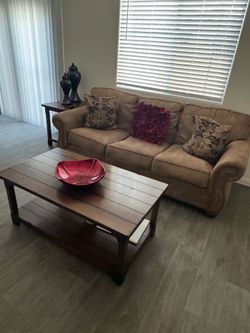 Tan Living Room Sofa Set with Matching Coffee & End Table