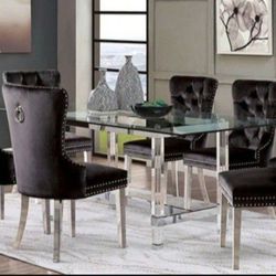 Brand New Black Chrome Acrylic, Glass, Metal 7pc Dining Table Set