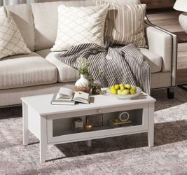 Brand New 39.4'' Wide Modern Coffee Table with Glass Flip-Down Door & Enclosed Storage, White