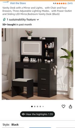 Vanity Desk with a Mirror and Lights，with Chair and Four Drawers, Three Adjustable Lighting Modes，with Power Outlet and Sliding LED Mirror,Bedroom Van