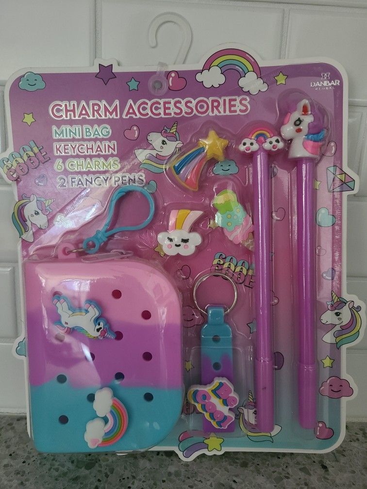 NEW Danbar Charm Accessories Set - mini bag, keychain, 6 charms, 2 pens