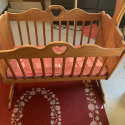 Antique Oak baby bassinet Bed Decor Rocking Dolls 