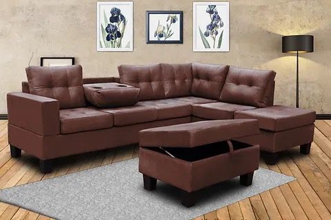 “SALE” 3-PC Brown Sectional W/ Cupholder & Ottoman