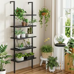 New Industrial Ladder Shelves, 5-Tier Wood Wall-Mounted Bookcase with Stable Metal Frame, 72 Inches Storage Rack Shelves Display Plant Flower