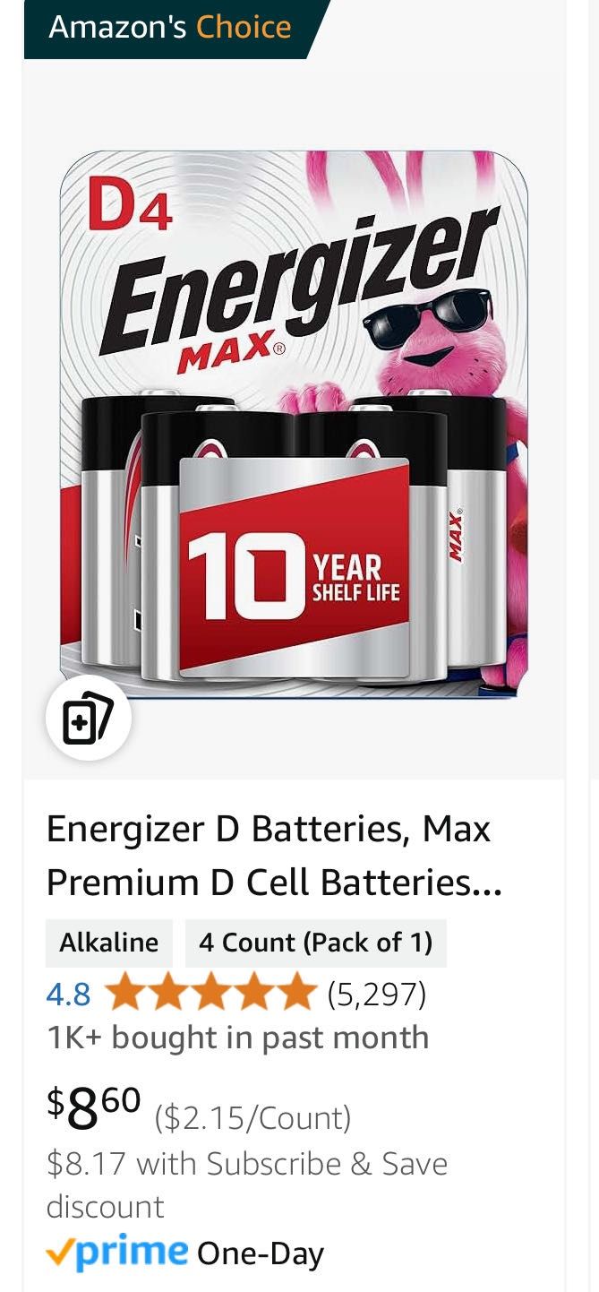 Energizer D4 batteries, 4pack, new: