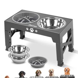 Dog Bowls, Dog Feeder with 2 Stainless Steel Dishes &1 Slow Feeder Bowl, 5 Heights Adjustable Raised Stand for Medium Large,