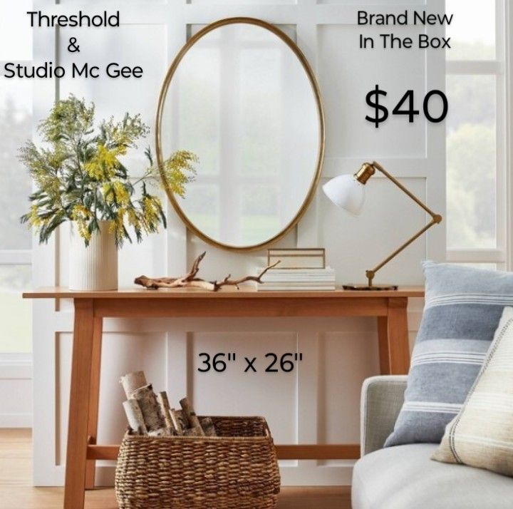 Brand New In The Box Threshold & Studio McGee 26" x 36" Oval Metal Antique Mirror in Brass – Elegant Wall