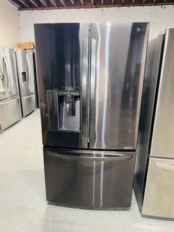 LG Black Stainless Steel Refrigerator (36" x 69" x 24") — Includes a receipt for a 90-day warranty.