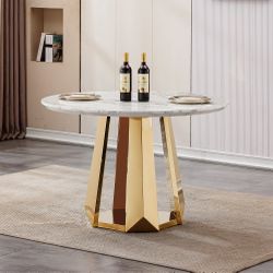 47' Round Marble Dining Table, Modern Kitchen Table with High Gloss Faux Marble Tabletop and Stainless Steel Base for Dining Room, Kitchen (Gold,White