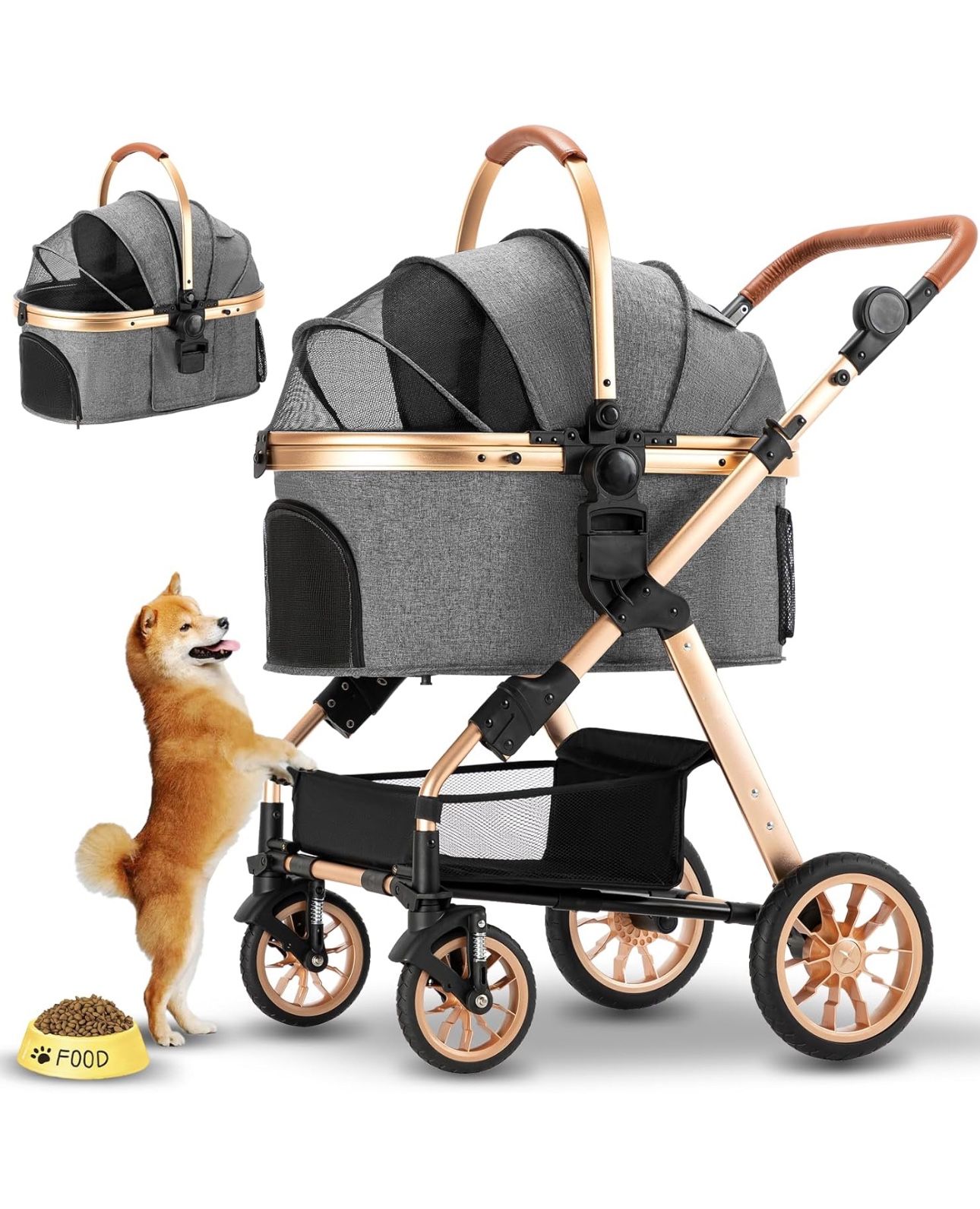 Ingborsa Pet Stroller, Dog Stroller for Medium Small Dog with Storage Basket Foldable Lightweight Dog Carrier Trolley.Basket can be Used Alone.（Gray）