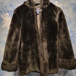Women's Luxury Ultra Soft Contrast Faux Fur Hoodies Jacket, Ladies Plus Winter Warm Fleece Hooded Flared Coat Outerwear