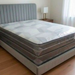 Brand NEW KING SIZE Bed Frame With Mattress And Box Springs Set King Bed Gray Free Delivery 