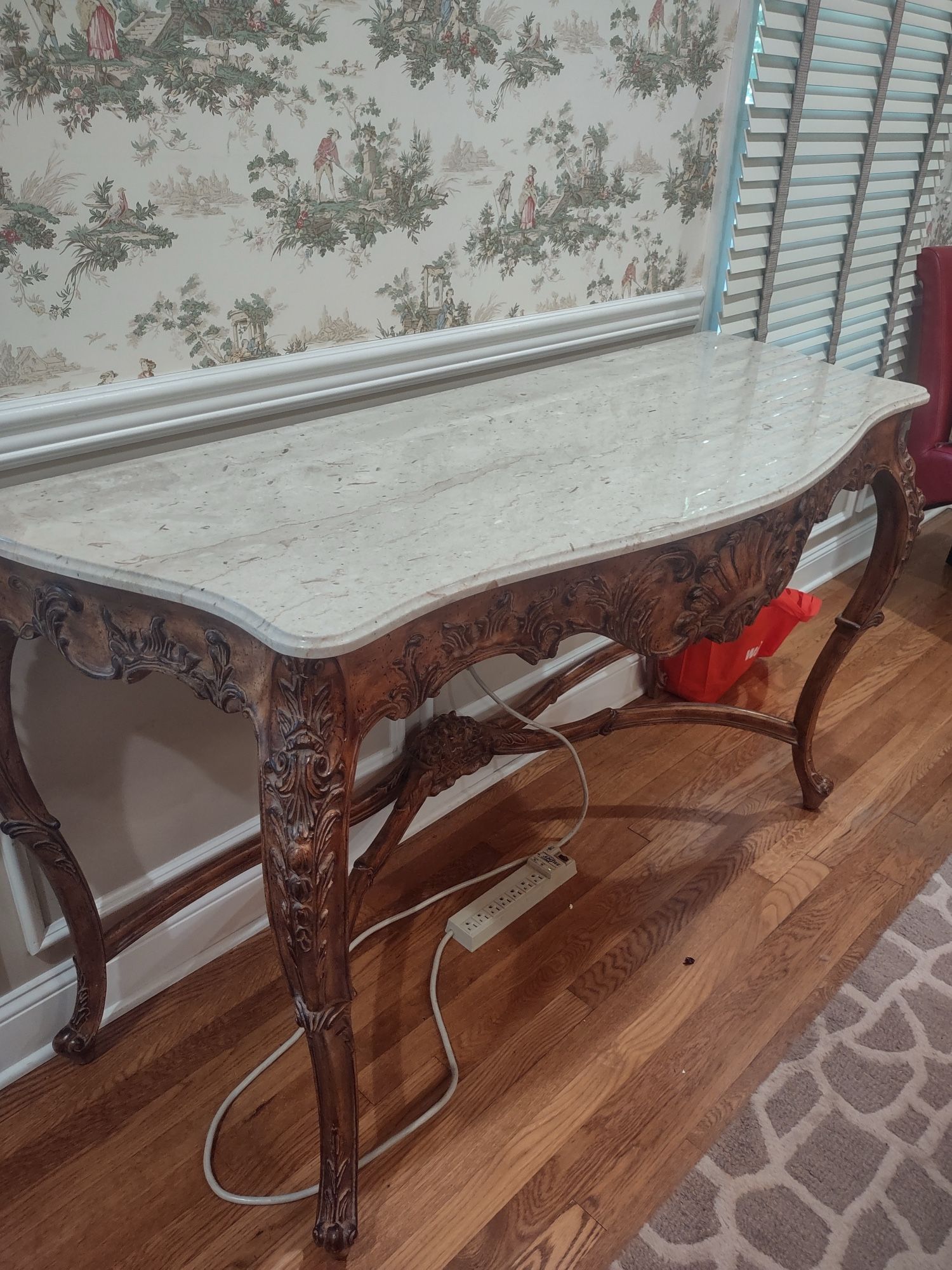 Italian Travertine Marble Top Console Table