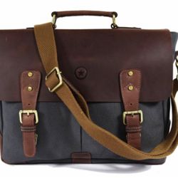 Prato Vintage Style Leather And Canvas Messenger Bag / Laptop Bag 