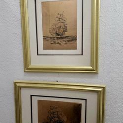 11x14 Vintage Foiled World Map & Sail Boat Lithograph 