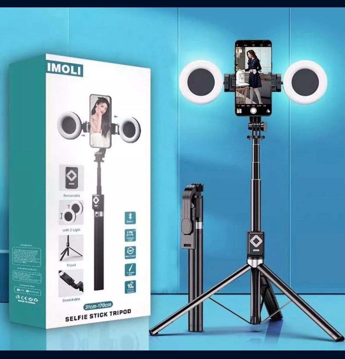 IMOLI BLACK 12-67" TELESCOPING SELFIE STICK TRIPOD W/ 2 MINI RING LIGHTS