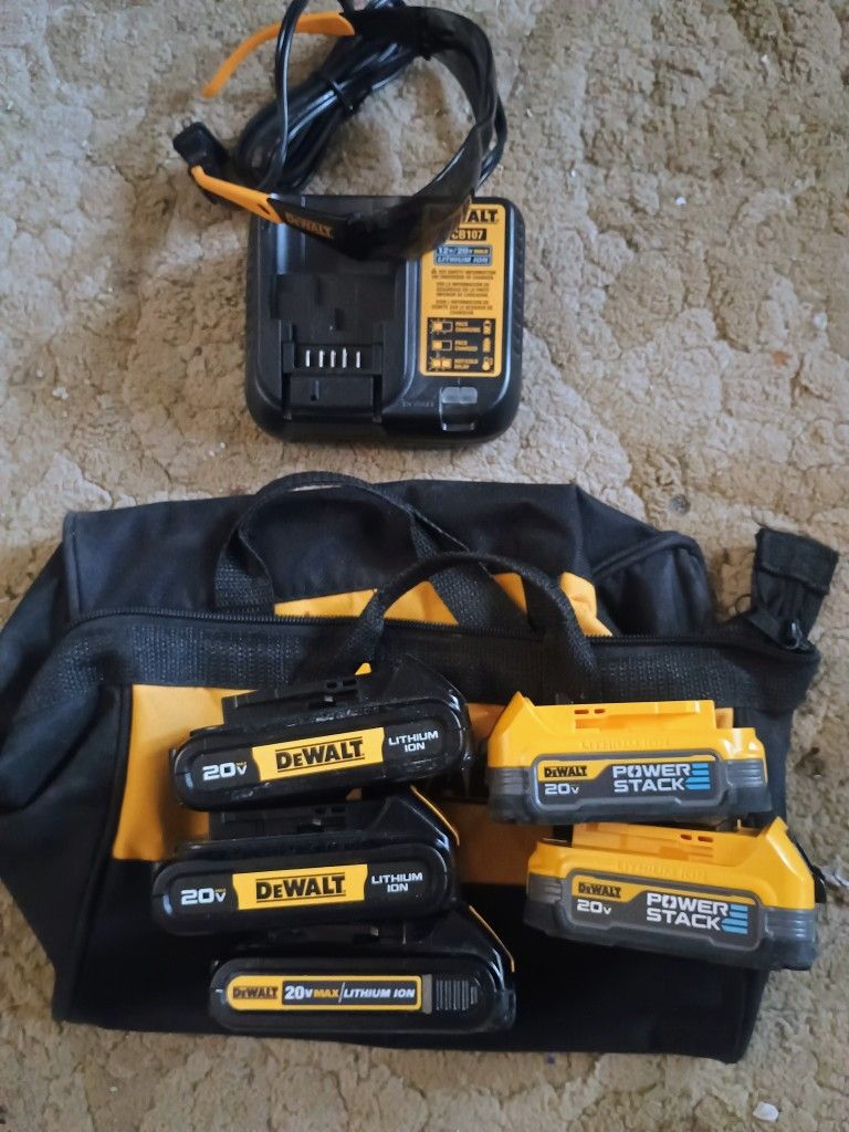 DeWalt 20v Batteries, Charger,Bag And Tinted Safety Glasses