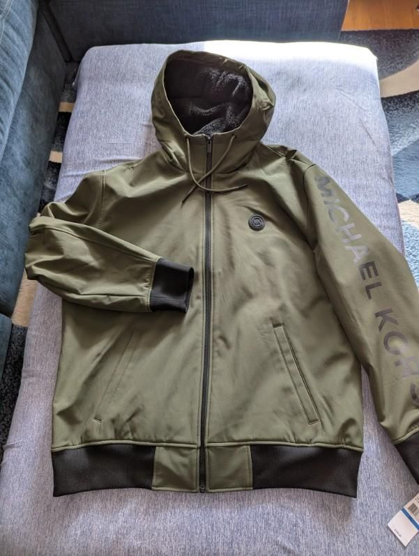 New Michael Kors Full Zip Big Logo Hooded Jacket Sz XL Olive Green Sherpa Lined
