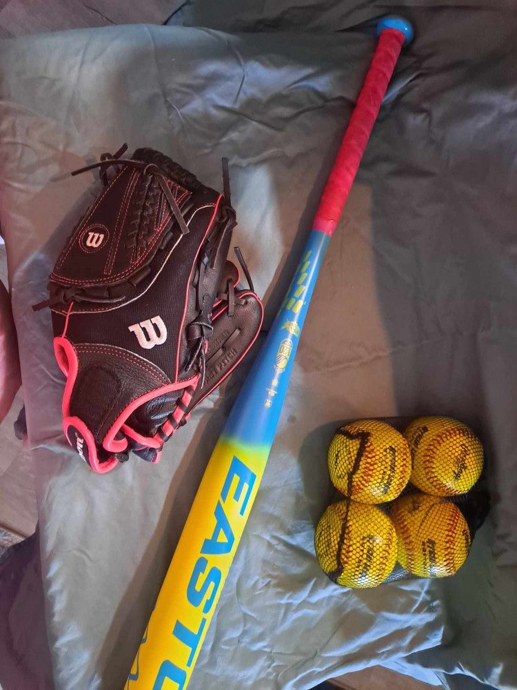 Softball Items. New Wilson Glove, Easton Bat, And Balls