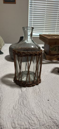 Rustic Glass Apothecary Bottle Removable Wicker Twig Cage Clear Brown