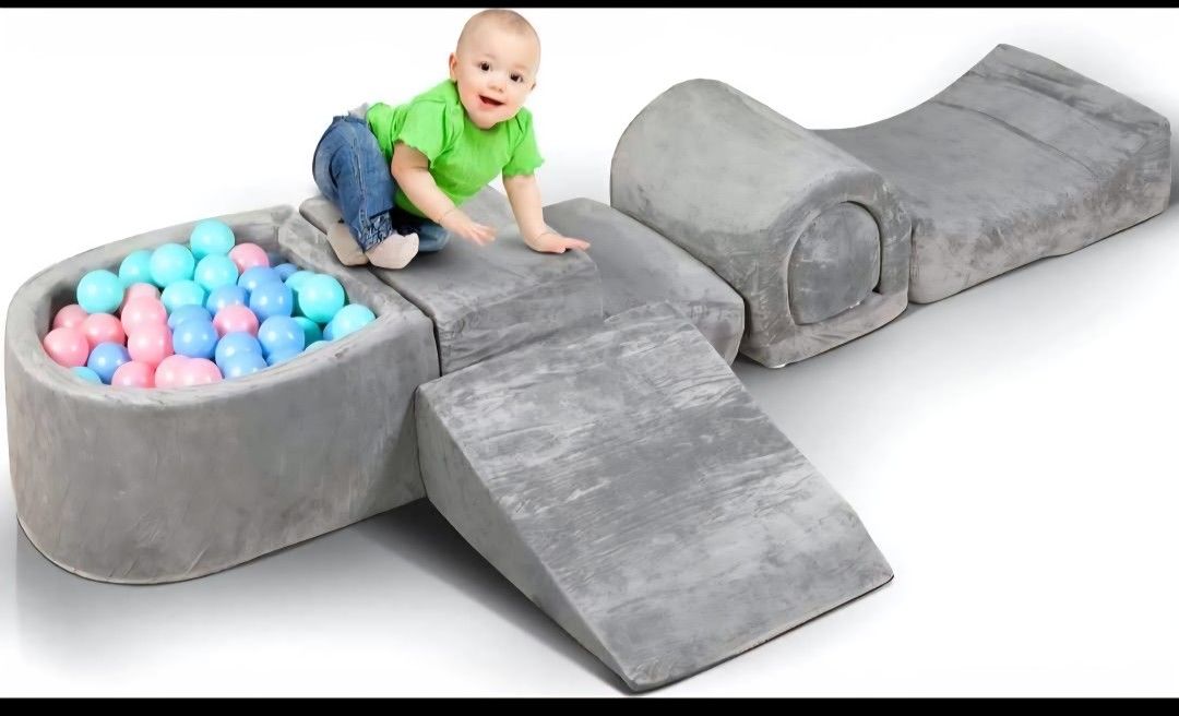 6 Piece Kids Foam Climbing Blocks - Baby Soft Play Set with Nonslip Bottom, 50 Pit Balls and Washable Cover
