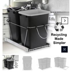 Sliding Pull Out Double Trash Bins 35 Quart Kitchen Cabinet Black