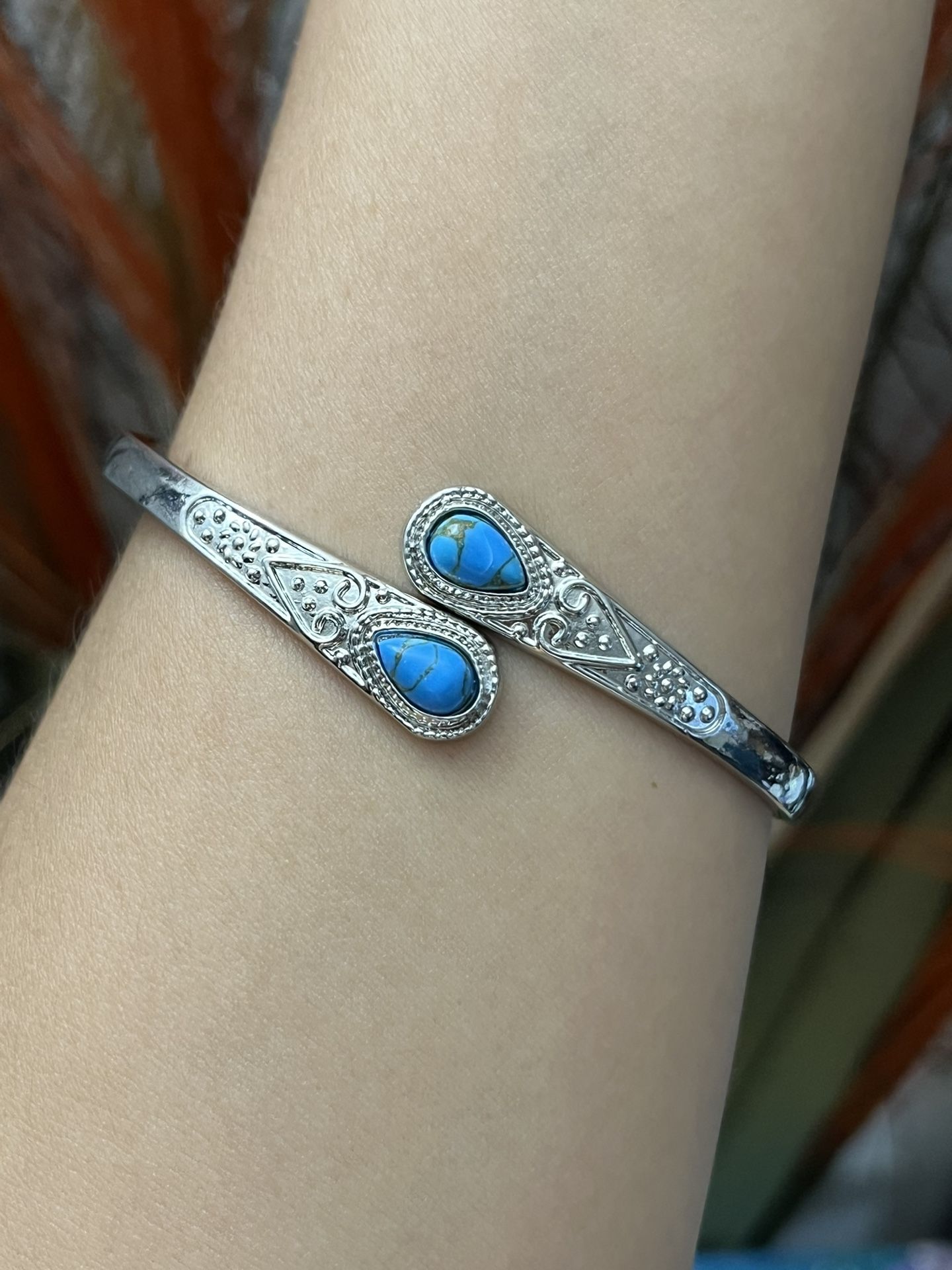 Silver turquoise peacock feather chunky cuff bangle bracelet