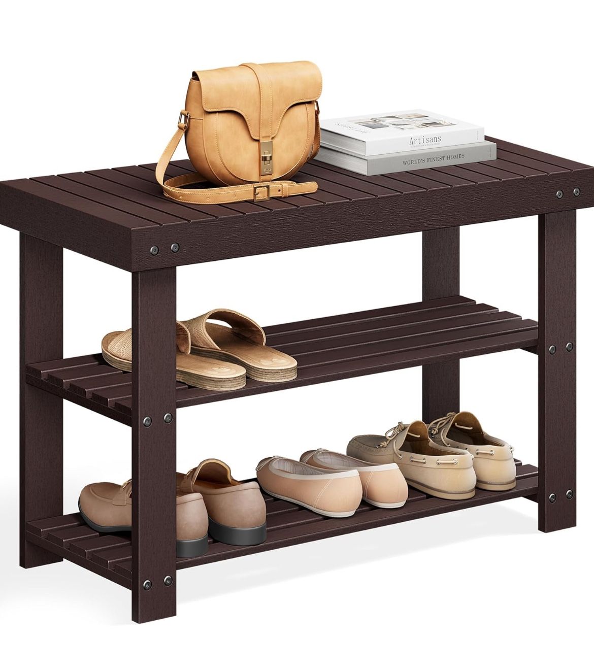 SONGMICS Shoe Rack Bench 3-Tier Bamboo Shoe Storage Organizer - Brown