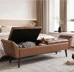 Storage Ottoman Bench 64’’ Leather End of Bed Bench Easy-to-Assemble