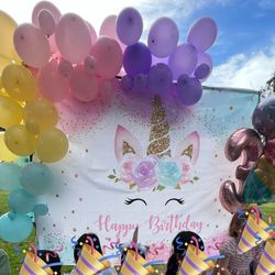 Unicorn themed kids birthday party banner