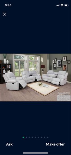 Gray chenille leather reclining  3 piece couch set