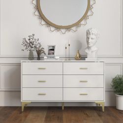 Modern 6 Drawer Wood Dresser, Wood Lateral Chest of Drawers Storage Organizer with Wide Drawers & Metal Gold Handles for Bedroom, Living Room, Hallway