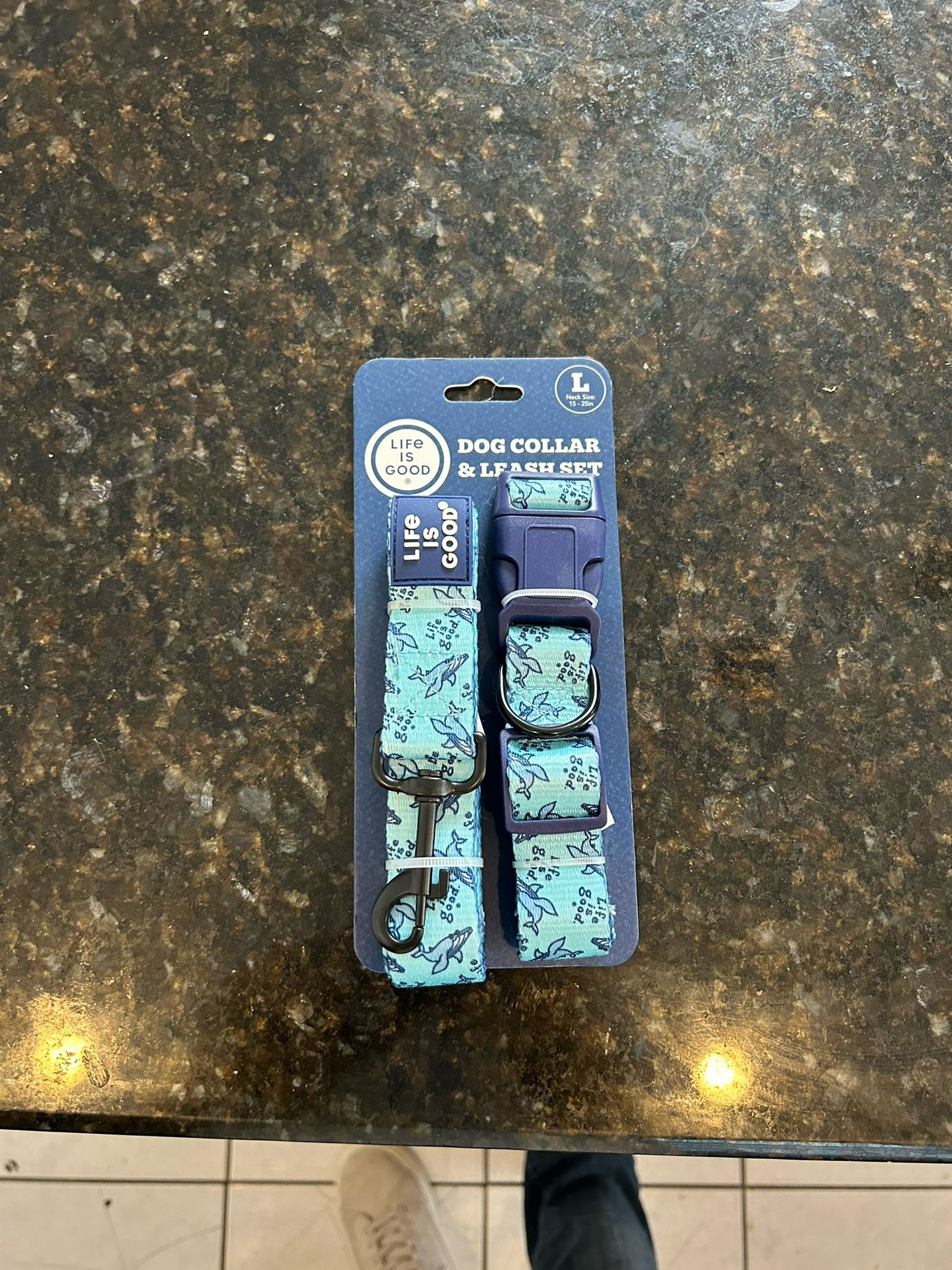 Life Is Good Dog Collar & Leash Set Size L Ocean Blue Whale Print 5 Foot Nylon