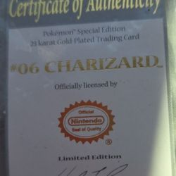 1999 Certificate Of Authenticity ( Only) Of 24kt Gold #6 Charizardi