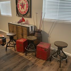 3 Industrial Stools And 2 Industrial Side End Tables