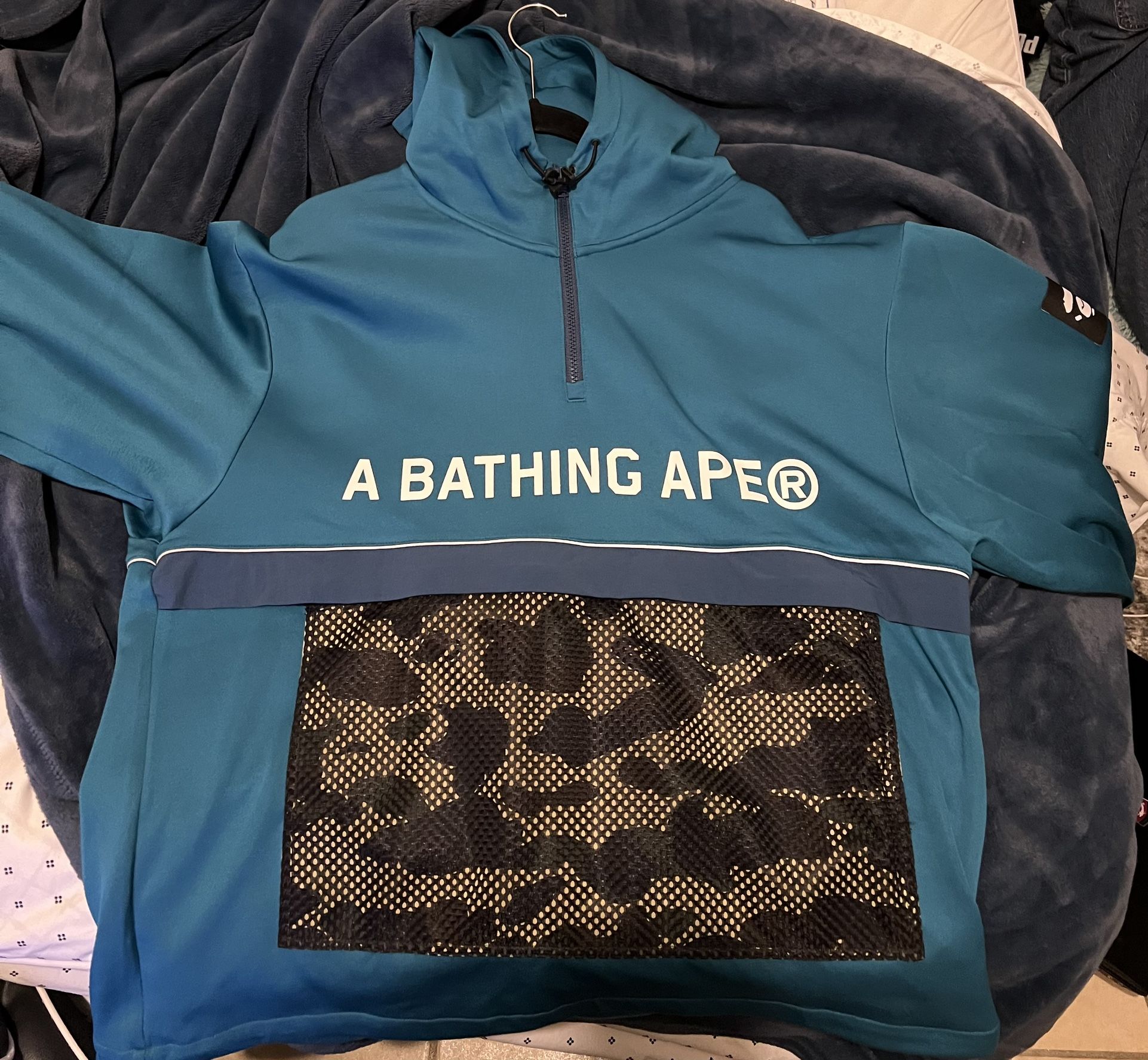 BAPE 1st Camo Pocket Relaxed Fit Double Knit Half Zip Hoodie 'Blue' XL