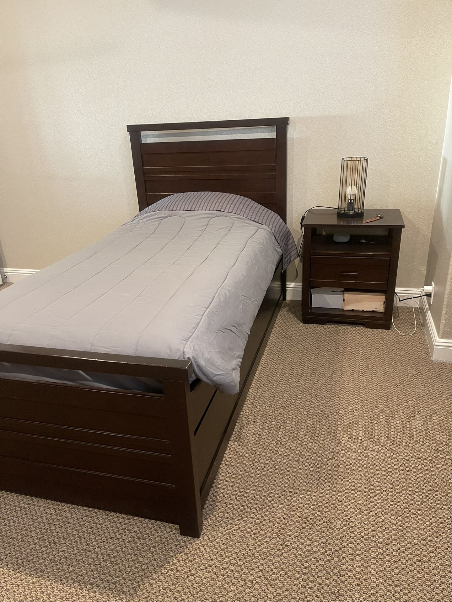 Twin Bed, Bottom Bed Drawer, and Nightstand