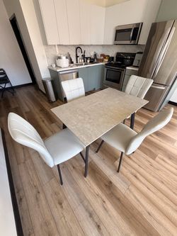 Modern 5-Piece Dining Set – Stone-Look Table + 4 Cream Leather Chairs – $280