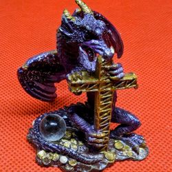 VTG Pewter Dragon w/ Crystal Ball 2.25" Tall. Purple with Generous Sparkles!