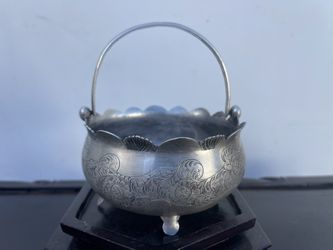 Antique Persian Handcrafted Silver Floral Decoration Container w/Handle(241.6g)